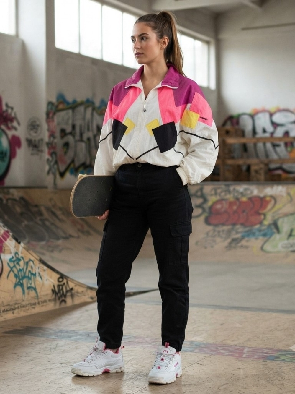 Retro Colorblock Windbreaker Jacket - Pink/White